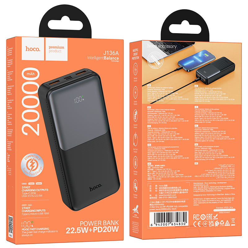 Batteria Esterna HOCO J136A, 20000mAh, 22.5W, QC + PD, 1 x USB-C - 2 x USB-A, Nera