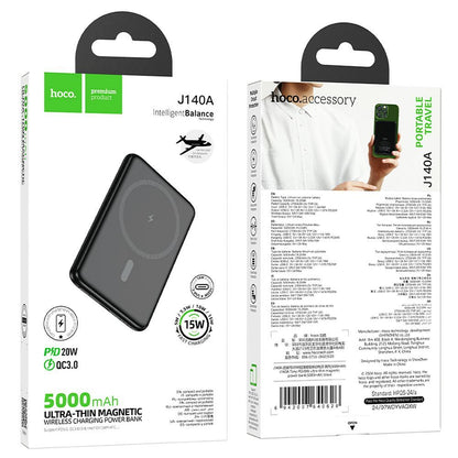 Batteria Esterna HOCO Wireless J140A, 5000mAh, 20W, PD + QI, 1 x USB-C, Nera