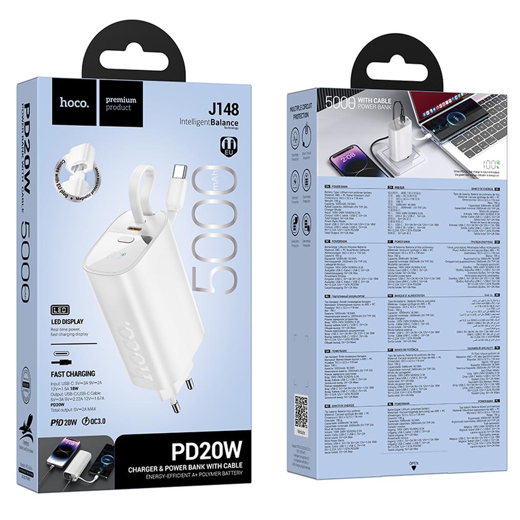 Power bank HOCO J148 2 in 1, 5000 mAh, 20 W, PD, 2 x USB-C, bianca