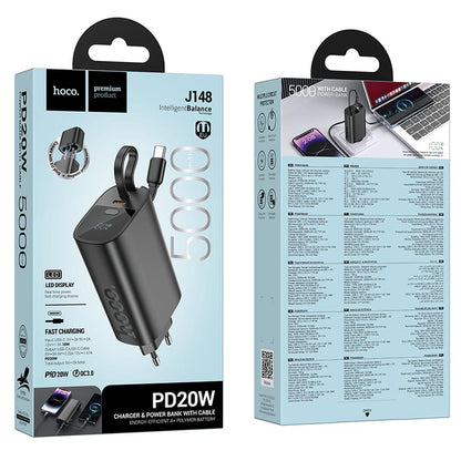 Power bank HOCO J148 2 in 1, 5000 mAh, 20 W, PD, 2 x USB-C, nera