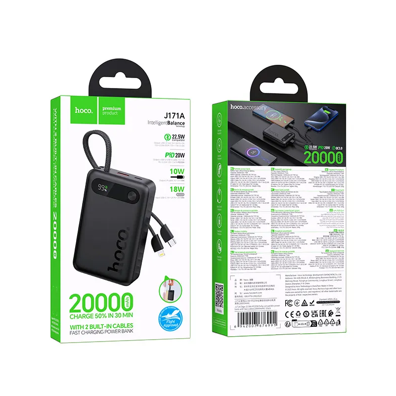 Batteria Esterna HOCO J171A, 20000mAh, 22.5W, QC + PD, 1 x Lightning - 1 x USB-A - 2 x USB-C, Nera