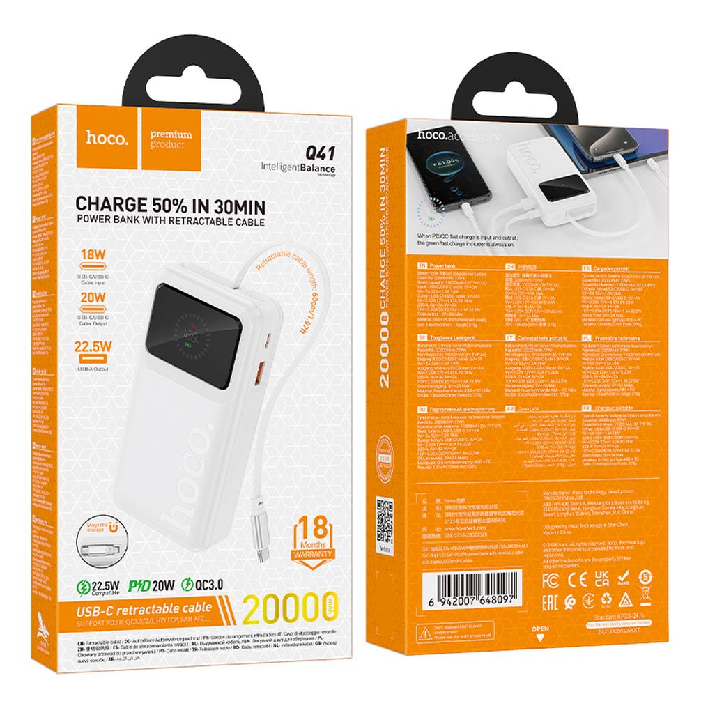 Power bank HOCO Q41, 20000 mAh, 22,5 W, QC + PD, 1 x USB-A - 2 x USB-C, bianco