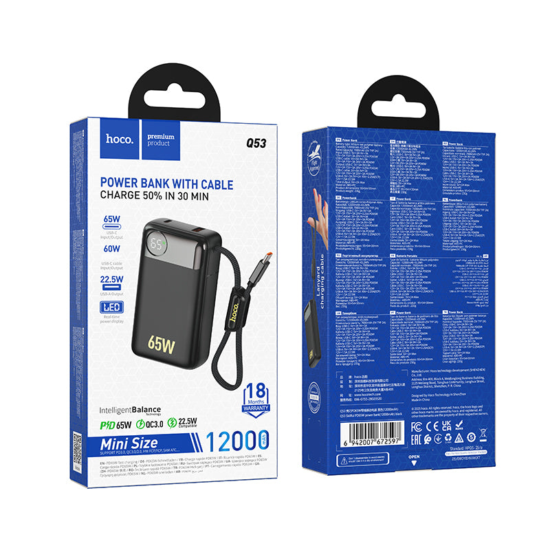 Batteria Esterna HOCO Q53, 12000mAh, 65W, QC + PD, 1 x USB-A - 2 x USB-C, Nera