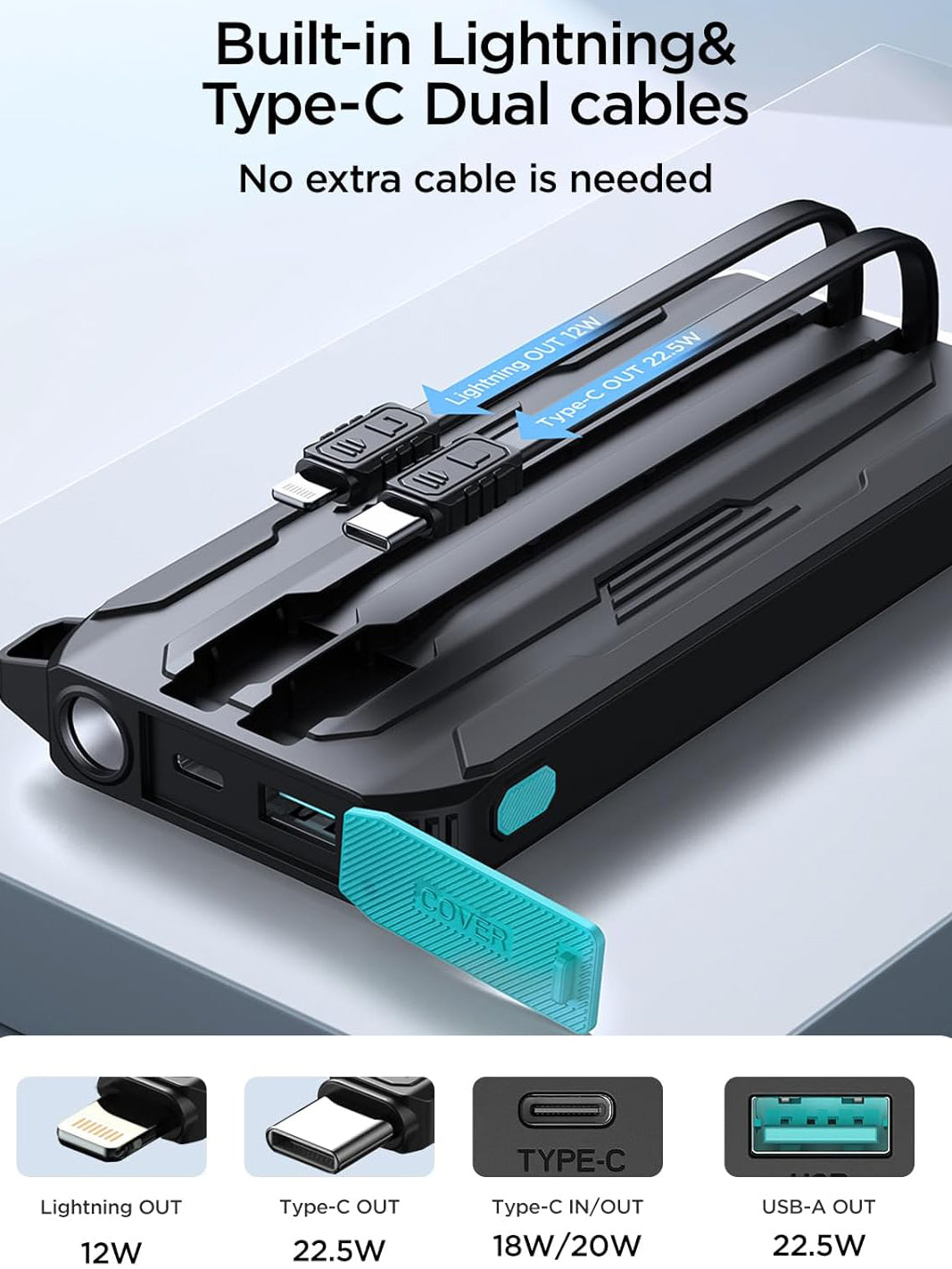 Joyroom JR-L017 External Battery, 10000mAh, 22.5W, QC + PD, 1 x Lightning - 1 x USB-A - 2 x USB-C, Black