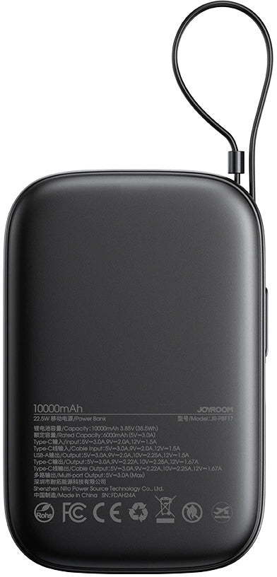 Joyroom JR-PBF17 External Battery, 10000mAh, 22.5W, QC + PD, 1 x USB-A - 2 x USB-C, Black