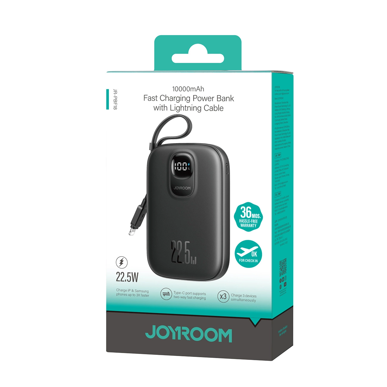 Batteria Esterna Joyroom JR-PBF18, 10000mAh, 22.5W, QC + PD, 1 x Lightning - 1 x USB-A - 1 x USB-C, Nera