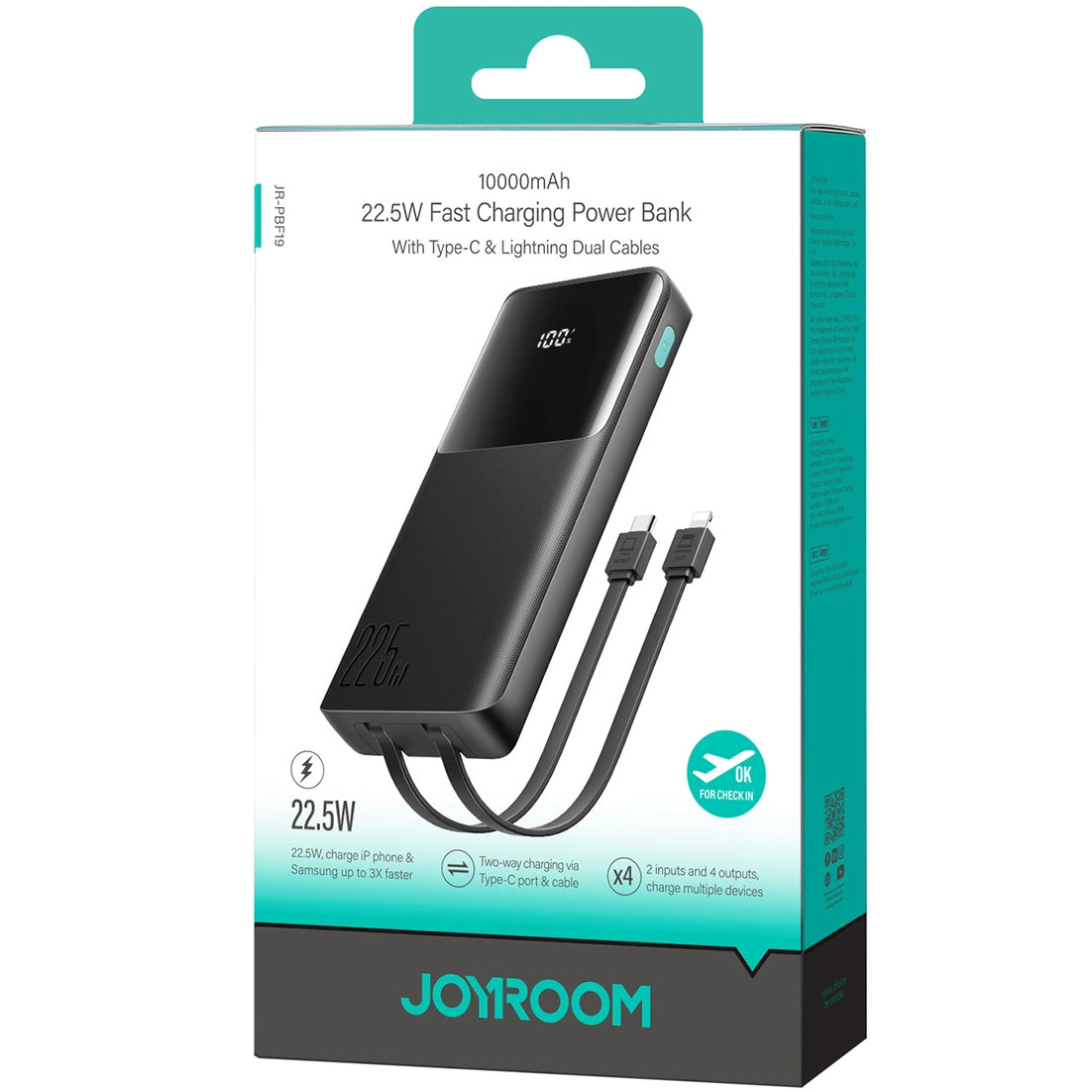 Joyroom JR-PBF19 External Battery, 10000mAh, 22.5W, QC + PD, 1 x Lightning - 1 x USB-A - 2 x USB-C, Black
