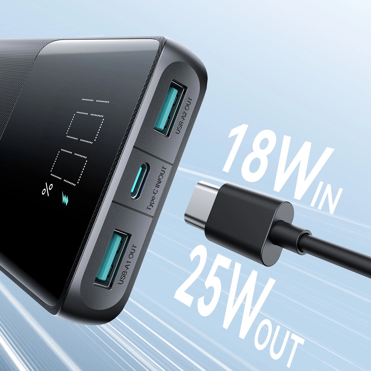Joyroom JR-PBF20 External Battery, 10000mAh, 25W, QC + PD, 1 x USB-C - 2 x USB-A, Black