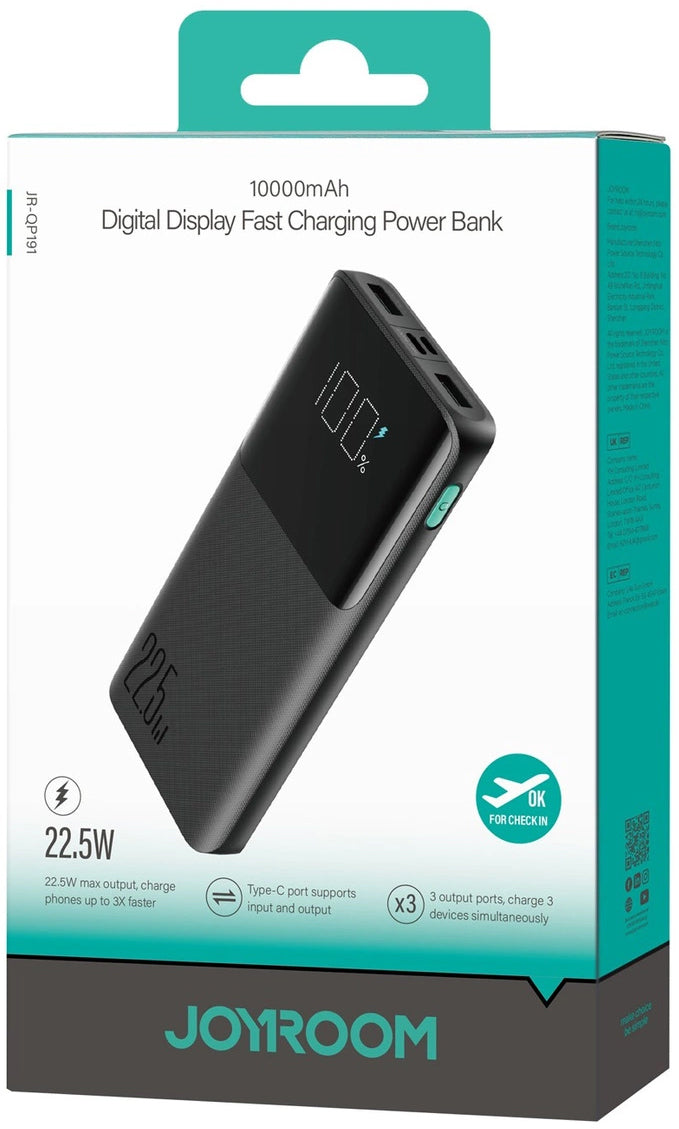 Joyroom JR-QP191 External Battery, 10000mAh, 22.5W, QC + PD, 1 x USB-C - 2 x USB-A, Black
