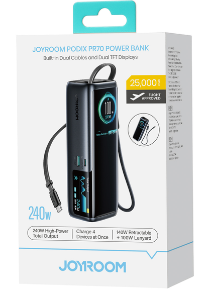 Batteria esterna Joyroom PODIX PR70, 25000 mAh, 240 W, QC + PD, 1 x USB-A - 3 x USB-C, nera
