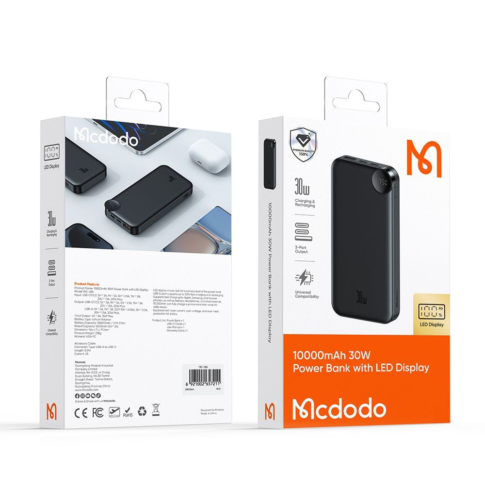 Batteria Esterna McDodo MC-3850 Display, 10000mAh, 30W, QC + PD, 1 x USB-A - 2 x USB-C, Nera