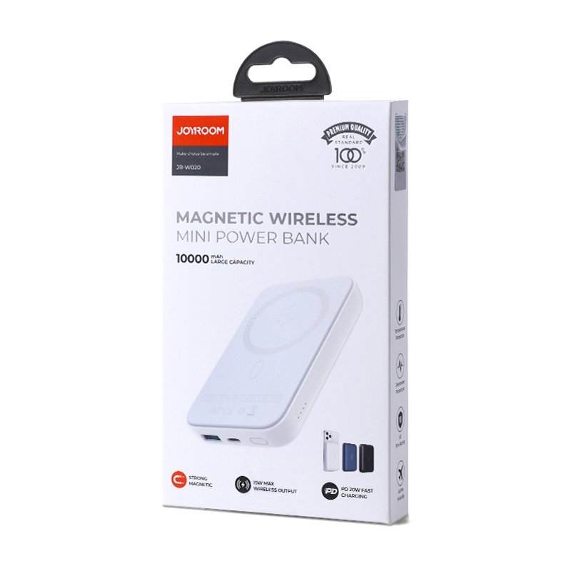 Batteria Esterna Wireless Joyroom JR-W020, 10000mAh, 20W, QC + PD + FQI, 1 x QI - 1 x USB-A - 1 x USB-C, Bianca