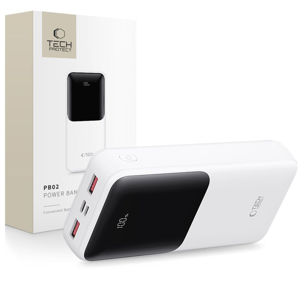 Batteria Esterna Tech-Protect PB02, 20000mAh, 22.5W, QC + PD, 1 x USB-C - 2 x USB-A, Bianca