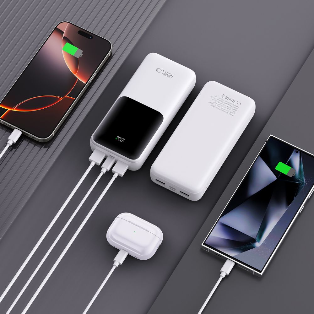 Batteria Esterna Tech-Protect PB02, 20000mAh, 22.5W, QC + PD, 1 x USB-C - 2 x USB-A, Bianca
