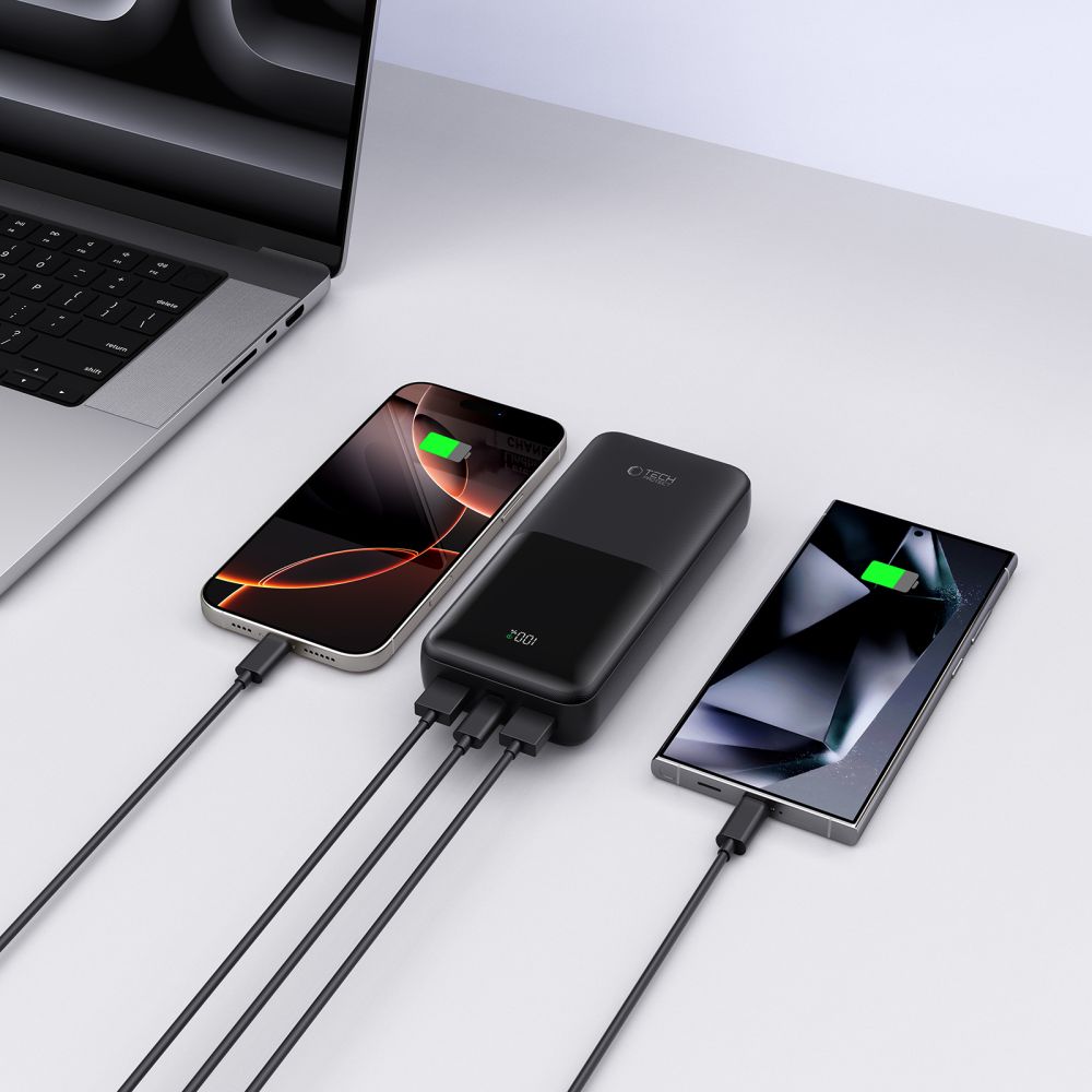 Batteria Esterna Tech-Protect PB02, 20000mAh, 22.5W, QC + PD, 1 x USB-C - 2 x USB-A, Nera