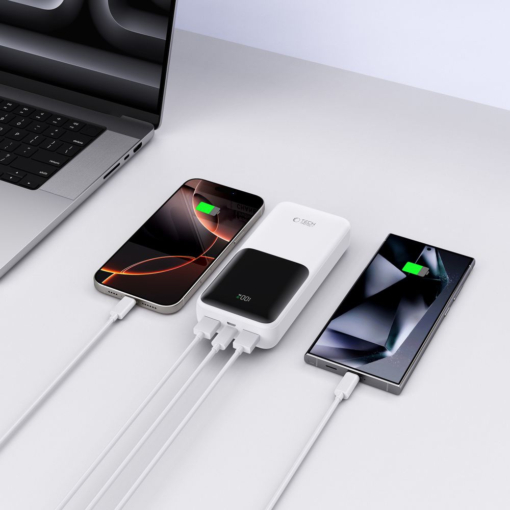 Batteria Esterna Tech-Protect PB02, 20000mAh, 22.5W, QC + PD, 1 x USB-C - 2 x USB-A, Bianca