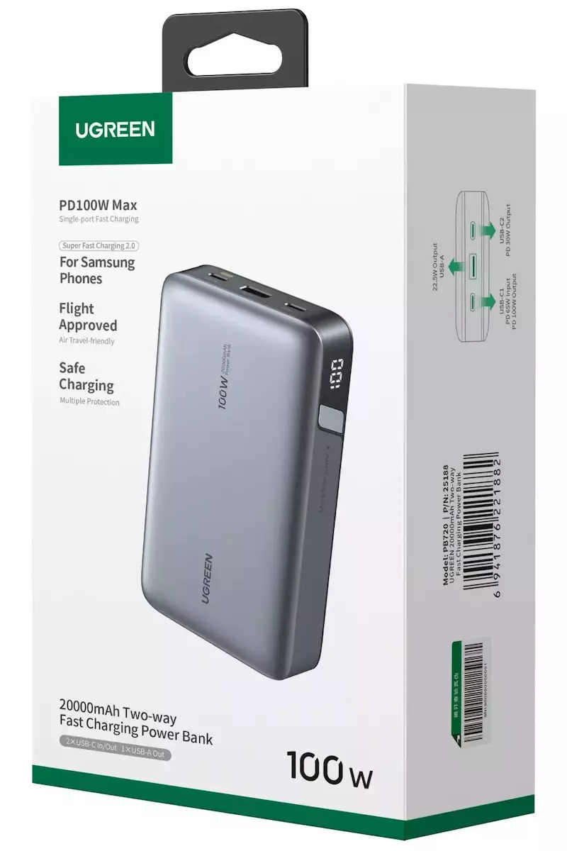 Batteria Esterna UGREEN PB720 Nexode, 20000mAh, 100W, QC + PD, 1 x USB-A - 2 x USB-C, Grigio