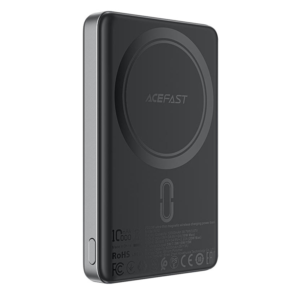Acefast M12 Wireless External Battery, 10000mAh, 20W, PD + FQI, 1 x QI - 1 x USB-C, Black