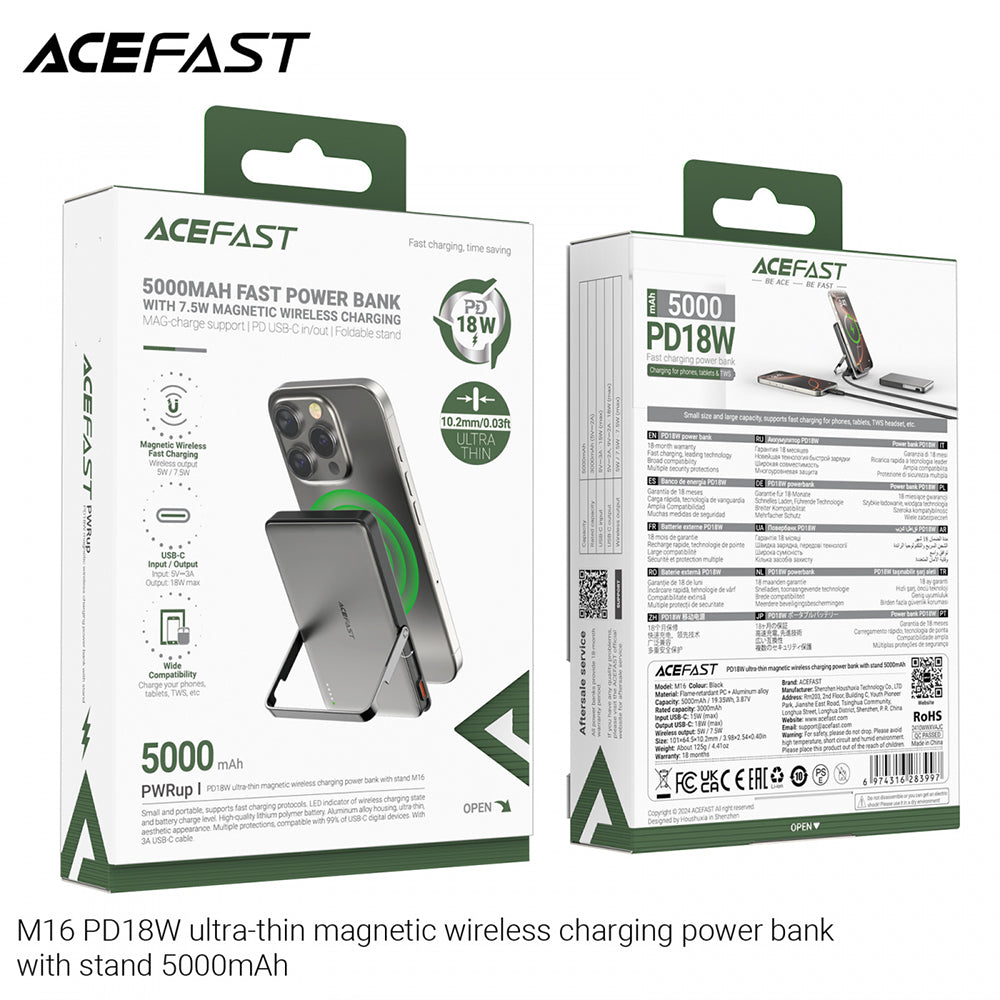 Batteria Esterna Wireless Acefast M16, 5000mAh, 18W, PD + FQI, 1 x QI - 1 x USB-C, Nera