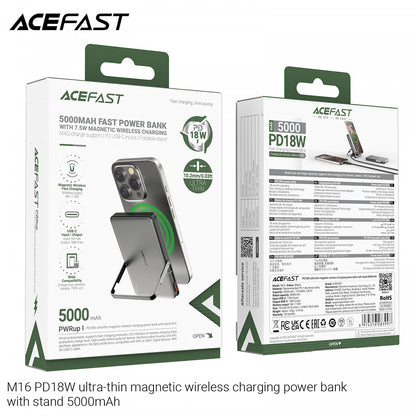 Batteria Esterna Wireless Acefast M16, 5000mAh, 18W, PD + FQI, 1 x QI - 1 x USB-C, Nera