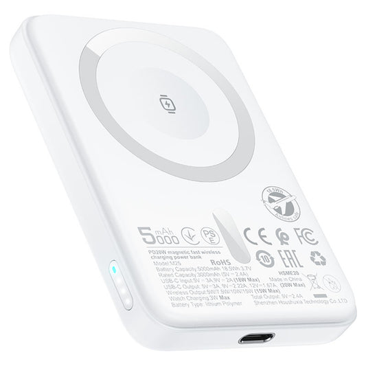 Acefast M25 Wireless External Battery, 5000mAh, 20W, PD + FQI, 1 x QI - 1 x USB-C, White