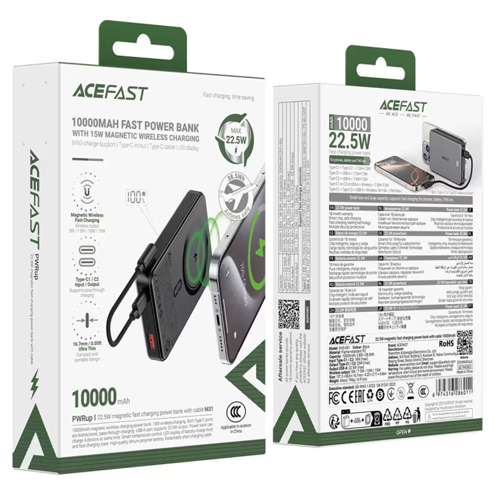 Batteria Esterna Wireless Acefast M31, 10000mAh, 22.5W, QC + PD + FQI, 1 x QI - 1 x USB-A - 2 x USB-C, Nera