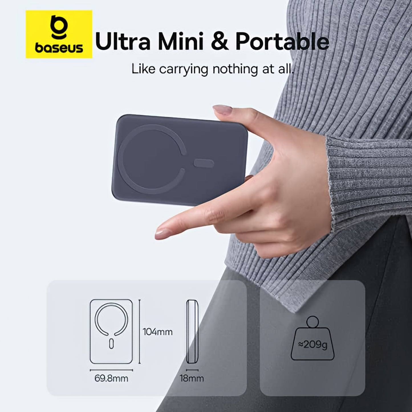 Batteria Esterna Wireless Baseus EnerFill FM11 Ultra-Mini, 10000mAh, 22.5W, PD + FQI, 1 x QI - 1 x USB-C, Grigio E0026602
