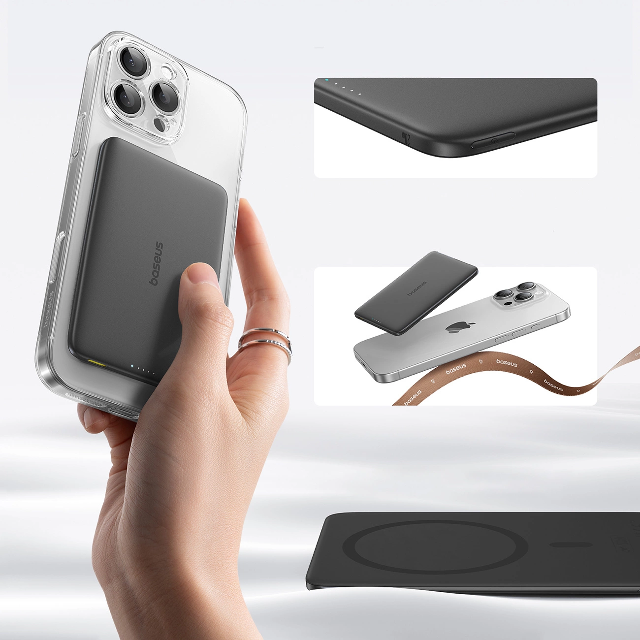 Batteria Esterna Wireless Baseus PicoGo AM41, 5000mAh, 20W, PD + FQI, 1 x QI - 1 x USB-C, Nera