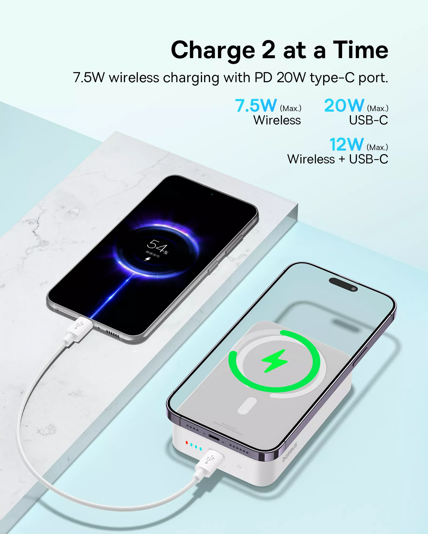 Batteria Esterna Wireless Baseus EnerFill FM41 Mini, 20000mAh, 20W, PD + FQI, 1 x QI - 1 x USB-C, Bianca E0027U01