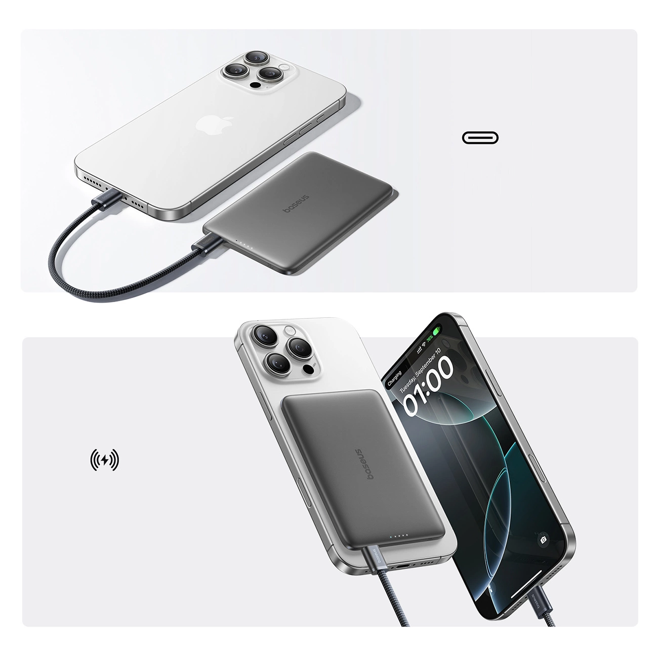 Batteria Esterna Wireless Baseus PicoGo AM41, 5000mAh, 20W, PD + FQI, 1 x QI - 1 x USB-C, Nera