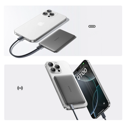 Batteria Esterna Wireless Baseus PicoGo AM41, 5000mAh, 20W, PD + FQI, 1 x QI - 1 x USB-C, Nera