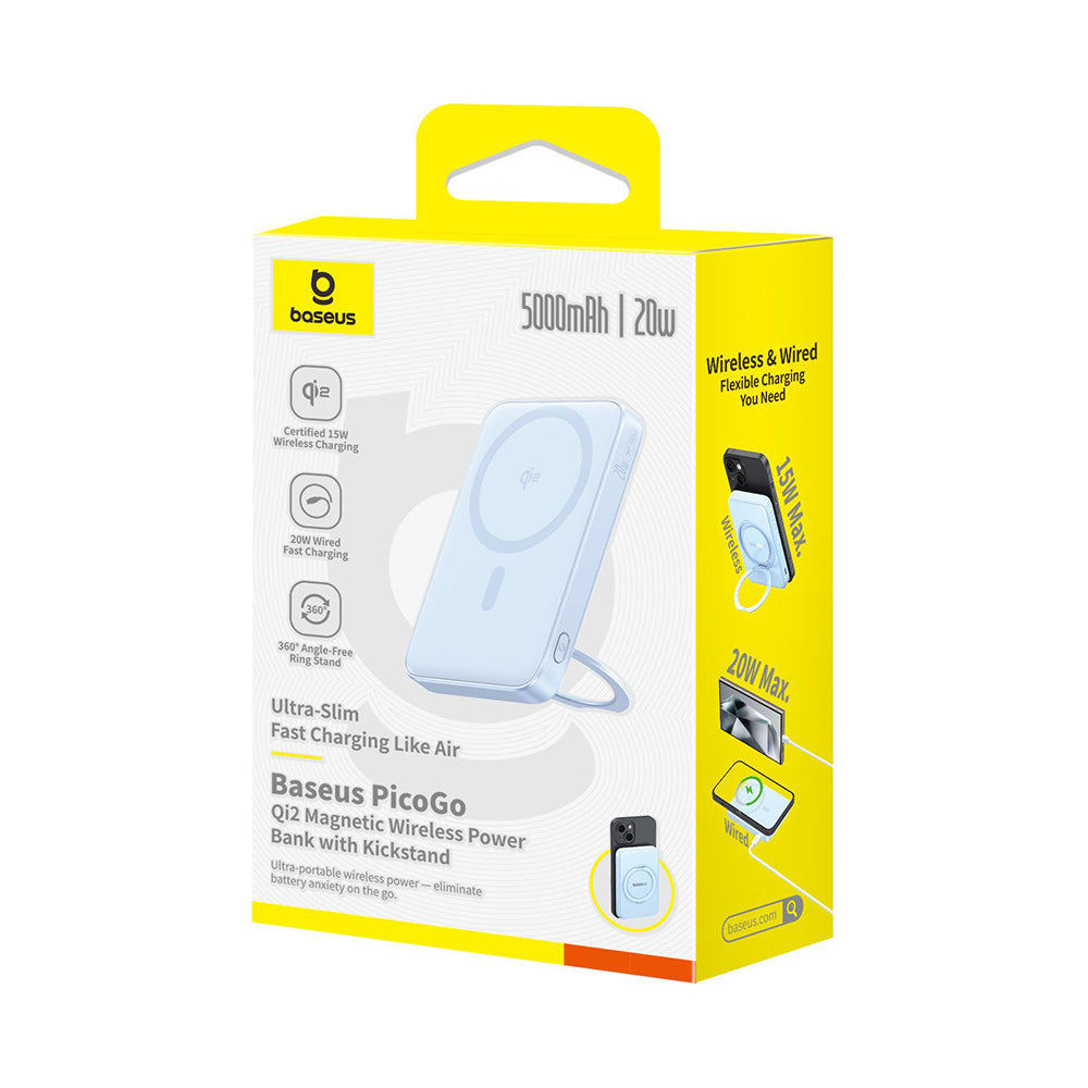 Batteria Esterna Wireless Baseus PicoGo, 5000mAh, 20W, PD + FQI, 1 x QI - 1 x USB-C, Blu P10076800313-00