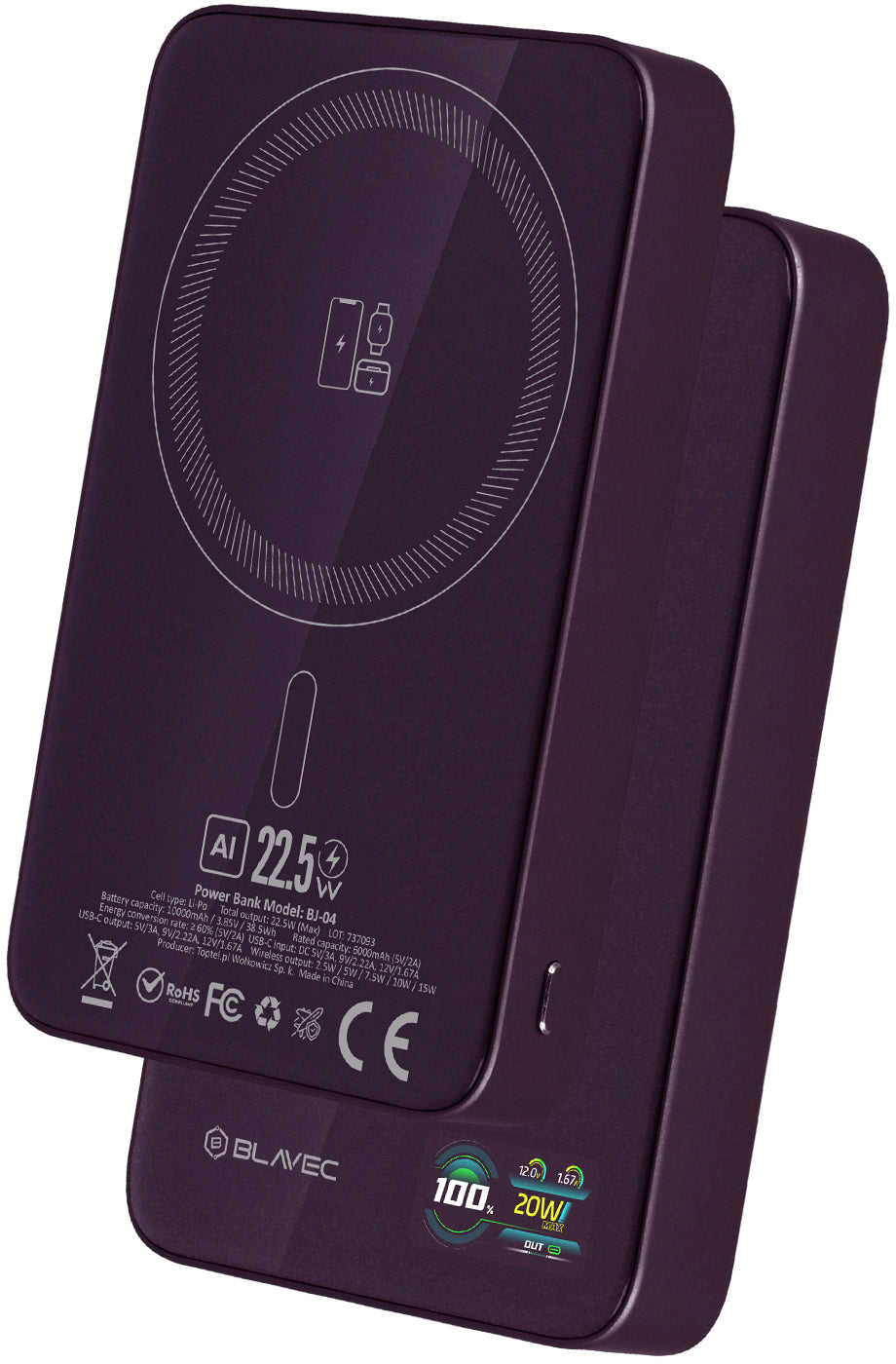 Batteria esterna wireless Blavec BJ-04 Slim, 10000 mAh, 22,5 W, PD + FQI, 1 x QI - 1 x USB-C, viola