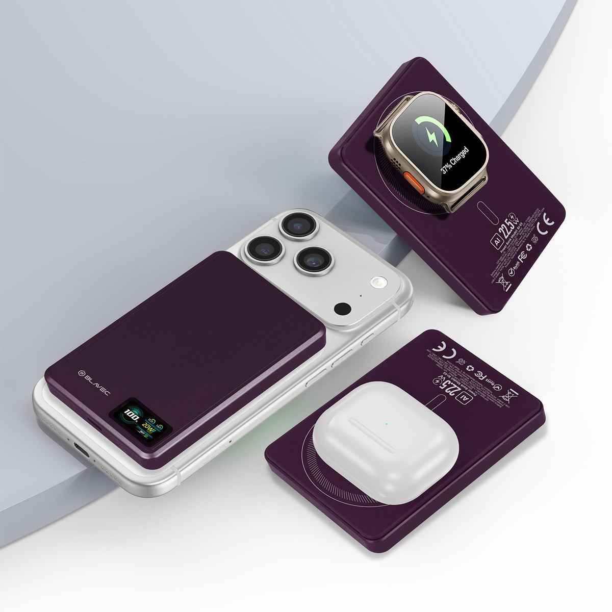 Batteria esterna wireless Blavec BJ-03 Slim, 10000 mAh, 22,5 W, PD + FQI, 1 x QI - 1 x USB-C, viola
