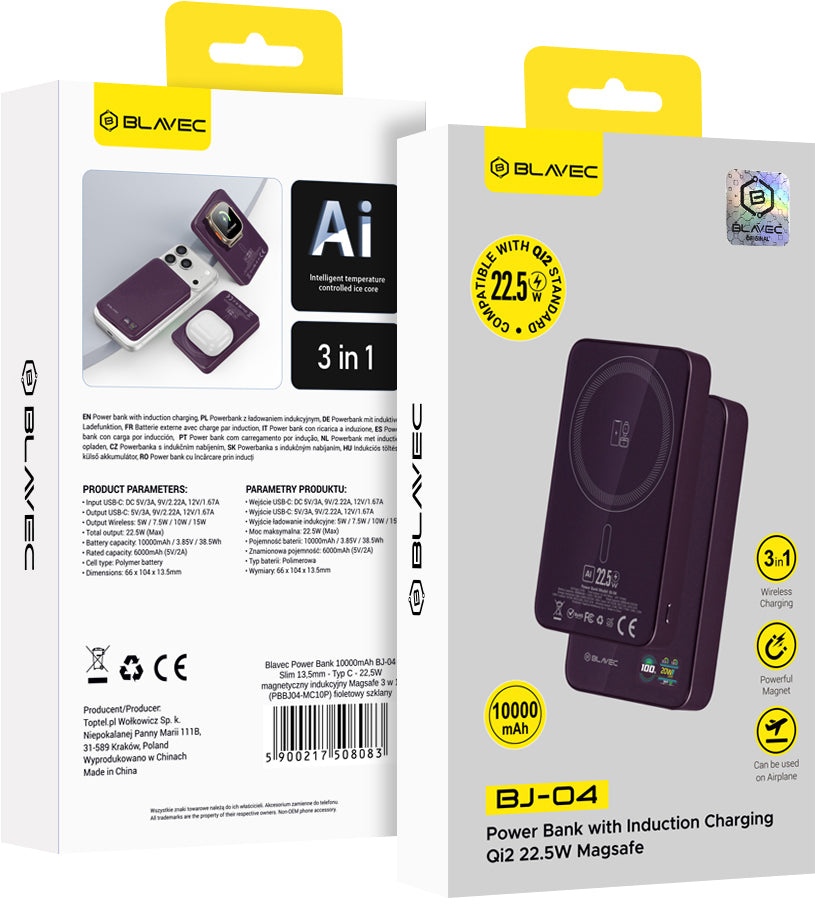 Batteria esterna wireless Blavec BJ-04 Slim, 10000 mAh, 22,5 W, PD + FQI, 1 x QI - 1 x USB-C, viola