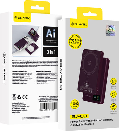 Batteria esterna wireless Blavec BJ-03 Slim, 10000 mAh, 22,5 W, PD + FQI, 1 x QI - 1 x USB-C, viola
