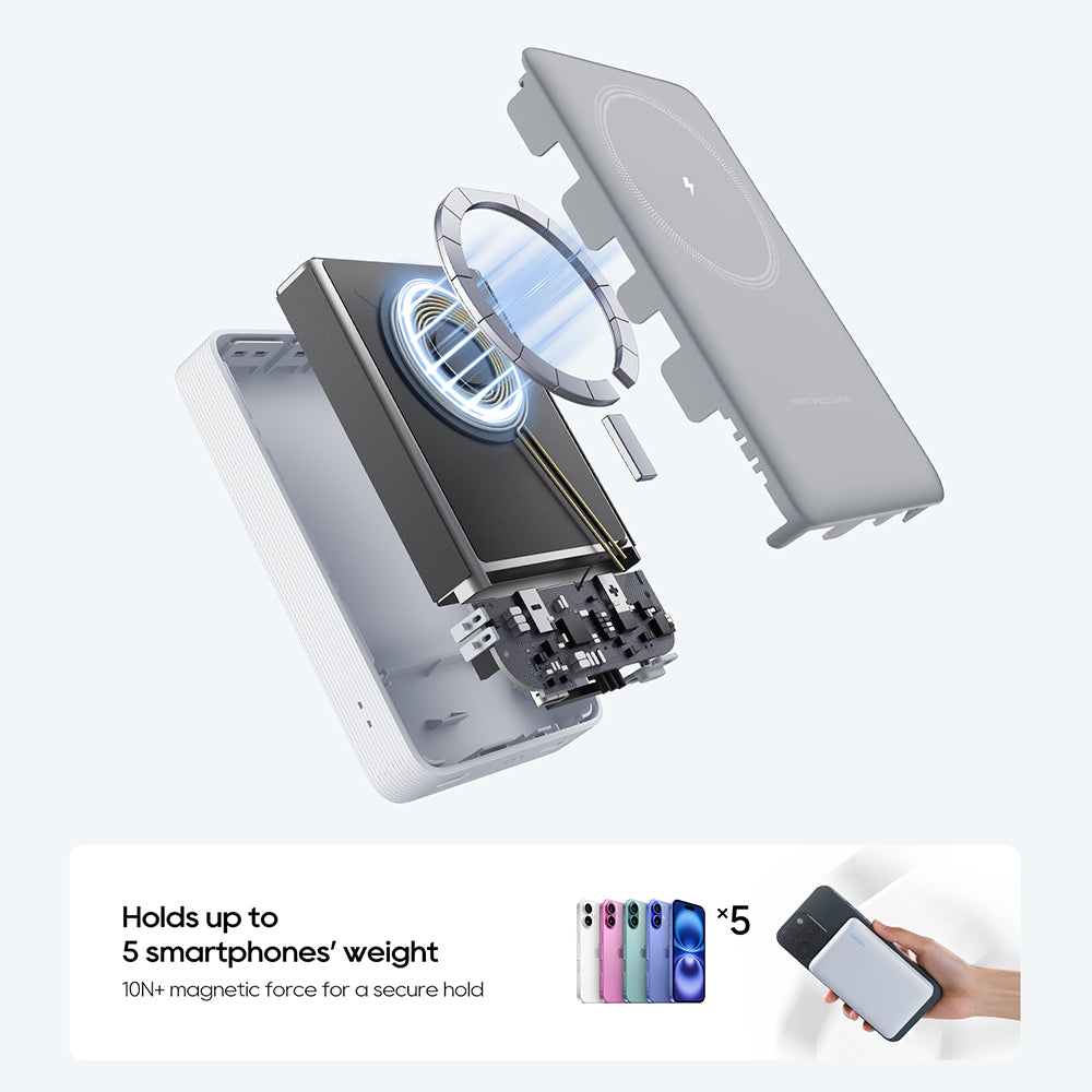 Batteria Esterna Wireless Cuktech WPB100N, 10000mAh, 20W, PD + FQI, 1 x QI - 1 x USB-C, Bianca CKWPB100NGLGR