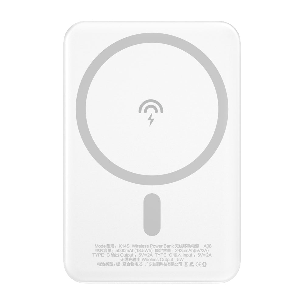 Batteria Esterna Wireless Dudao K14S, 5000mAh, 10W, PD + QI, 1 x QI - 1 x USB-C, Bianca