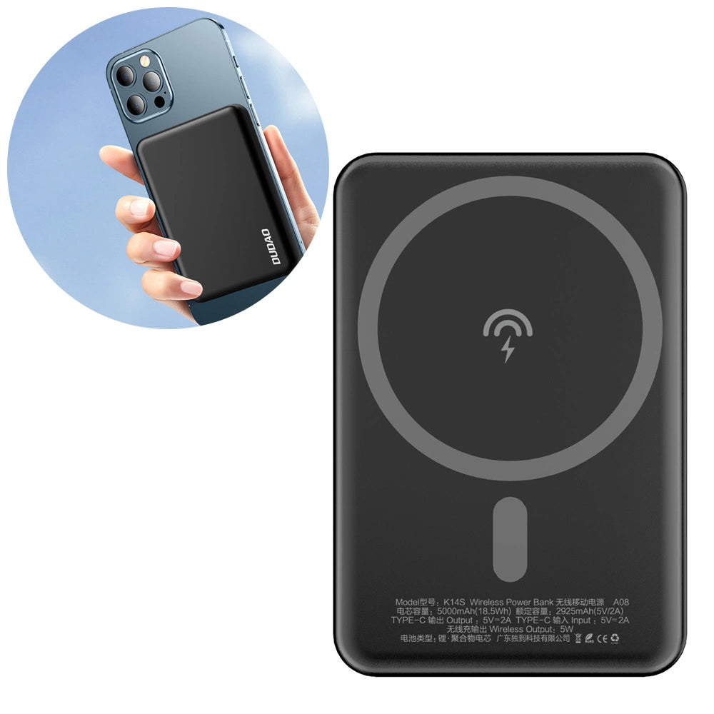 Batteria Esterna Wireless Dudao K14S, 5000mAh, 10W, PD + QI, 1 x QI - 1 x USB-C, Nera