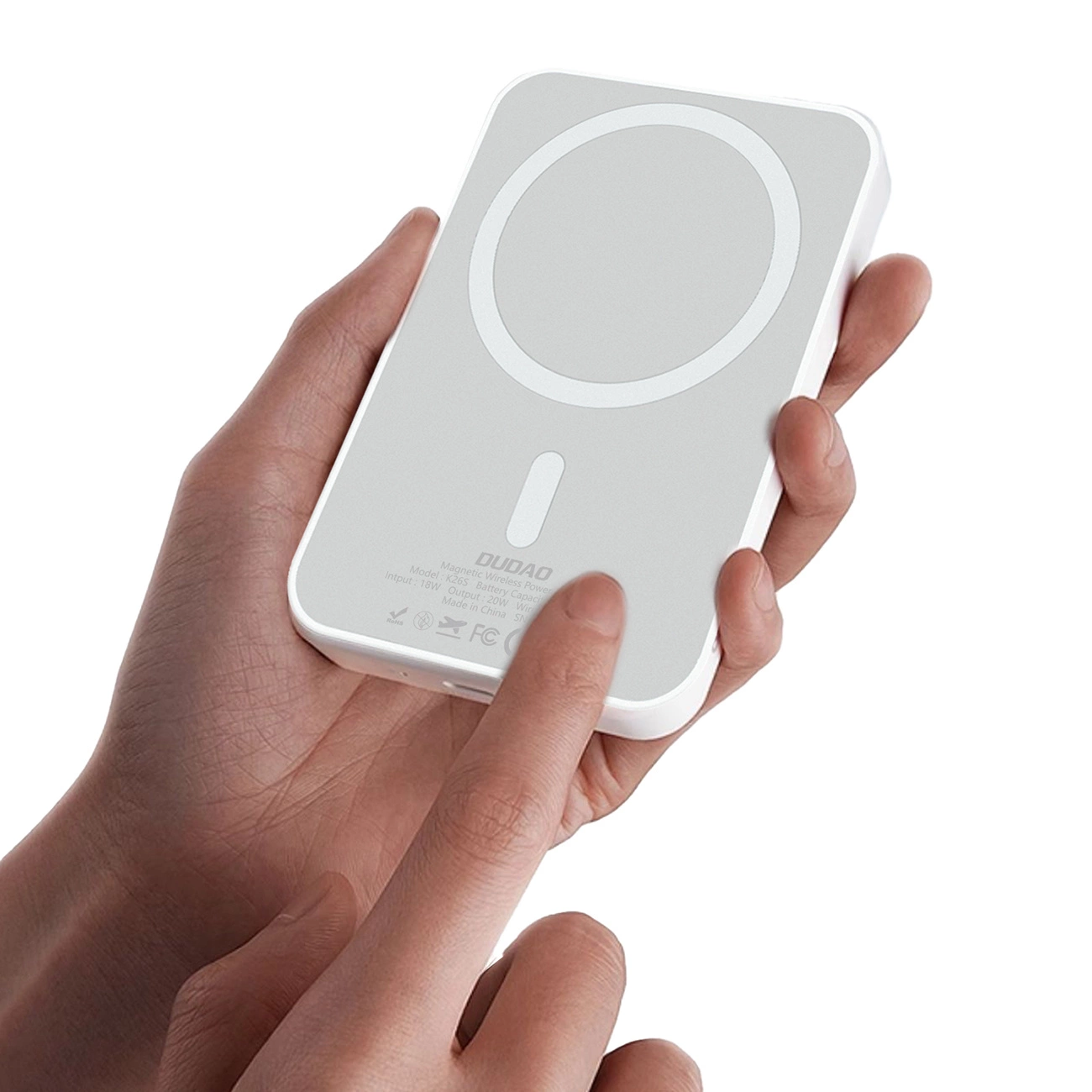 Batteria Esterna Wireless Dudao K26s, 5000mAh, 20W, PD + FQI, 1 x QI - 1 x USB-C, Bianca