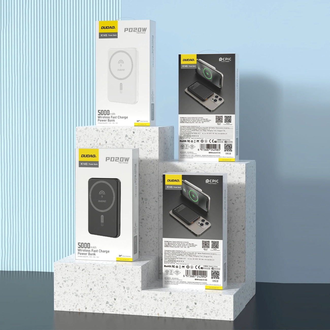 Batteria Esterna Wireless Dudao K14S, 5000mAh, 20W, QC + PD + FQI, 1 x QI - 1 x USB-A - 1 x USB-C, Bianca