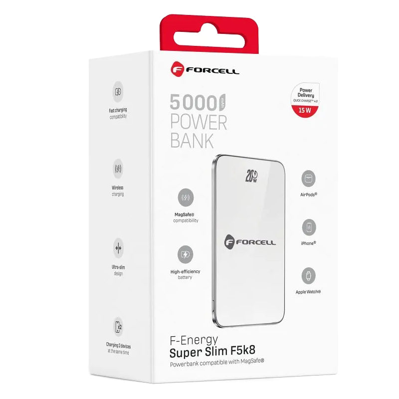 Batteria Esterna Wireless Forcell F5K8, 5000mAh, 15W, PD + FQI, 1 x QI - 1 x USB-C, Bianca