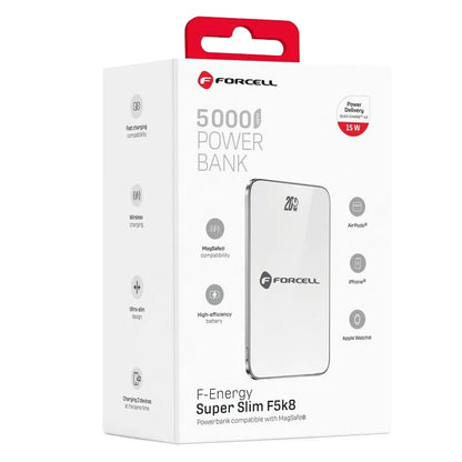 Batteria Esterna Wireless Forcell F5K8, 5000mAh, 15W, PD + FQI, 1 x QI - 1 x USB-C, Bianca