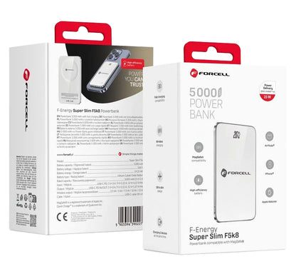 Batteria Esterna Wireless Forcell F5K8, 5000mAh, 15W, PD + FQI, 1 x QI - 1 x USB-C, Bianca