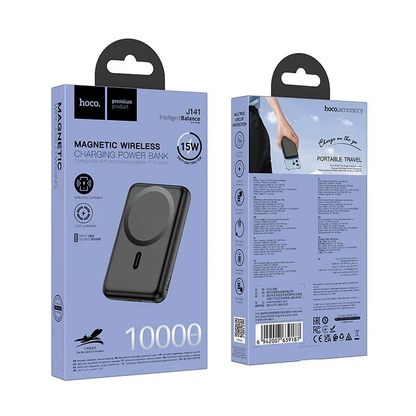 Batteria Esterna Wireless HOCO J141, 10000mAh, 20W, PD + FQI, 1 x QI - 1 x USB-C, Nera