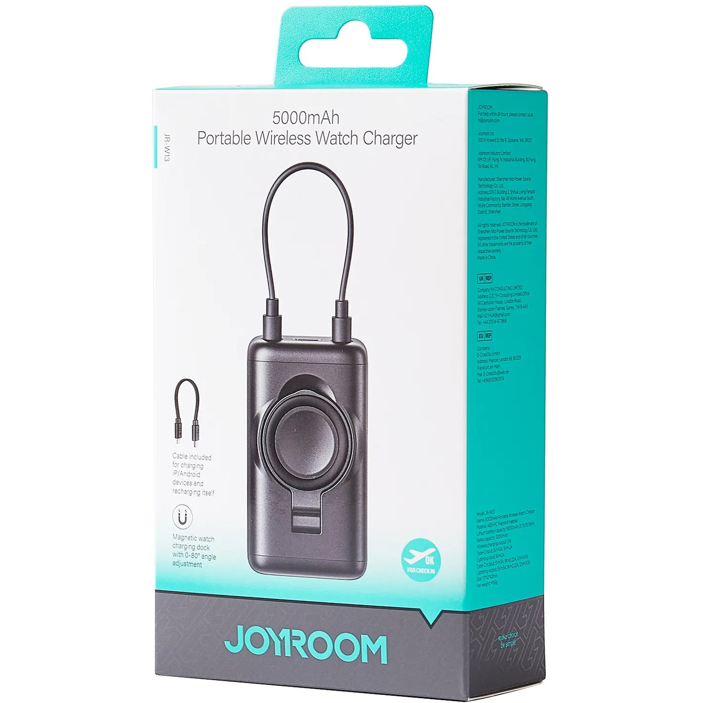 Batteria Esterna Wireless Joyroom JR-W13, 5000mAh, 18W, PD + QI, 1 x Lightning - 1 x QI - 1 x USB-C, Nera