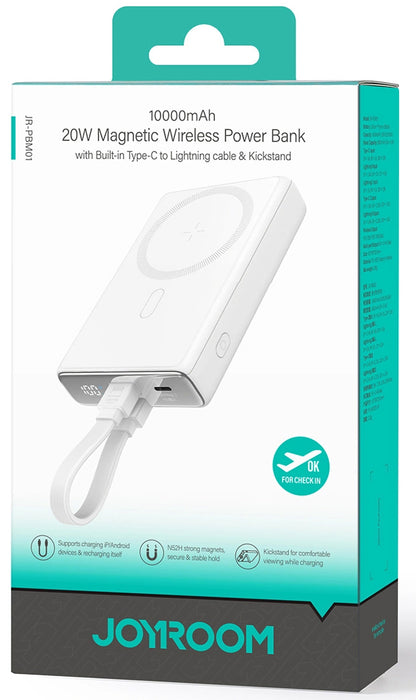 Joyroom JR-PBM01 Wireless External Battery, 10000mAh, 20W, QC + PD + FQI, 1 x Lightning - 1 x QI - 1 x USB-C, White