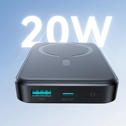 Joyroom JR-W020 Wireless External Battery, 10000mAh, 20W, QC + PD + FQI, 1 x QI - 1 x USB-A - 1 x USB-C, Black