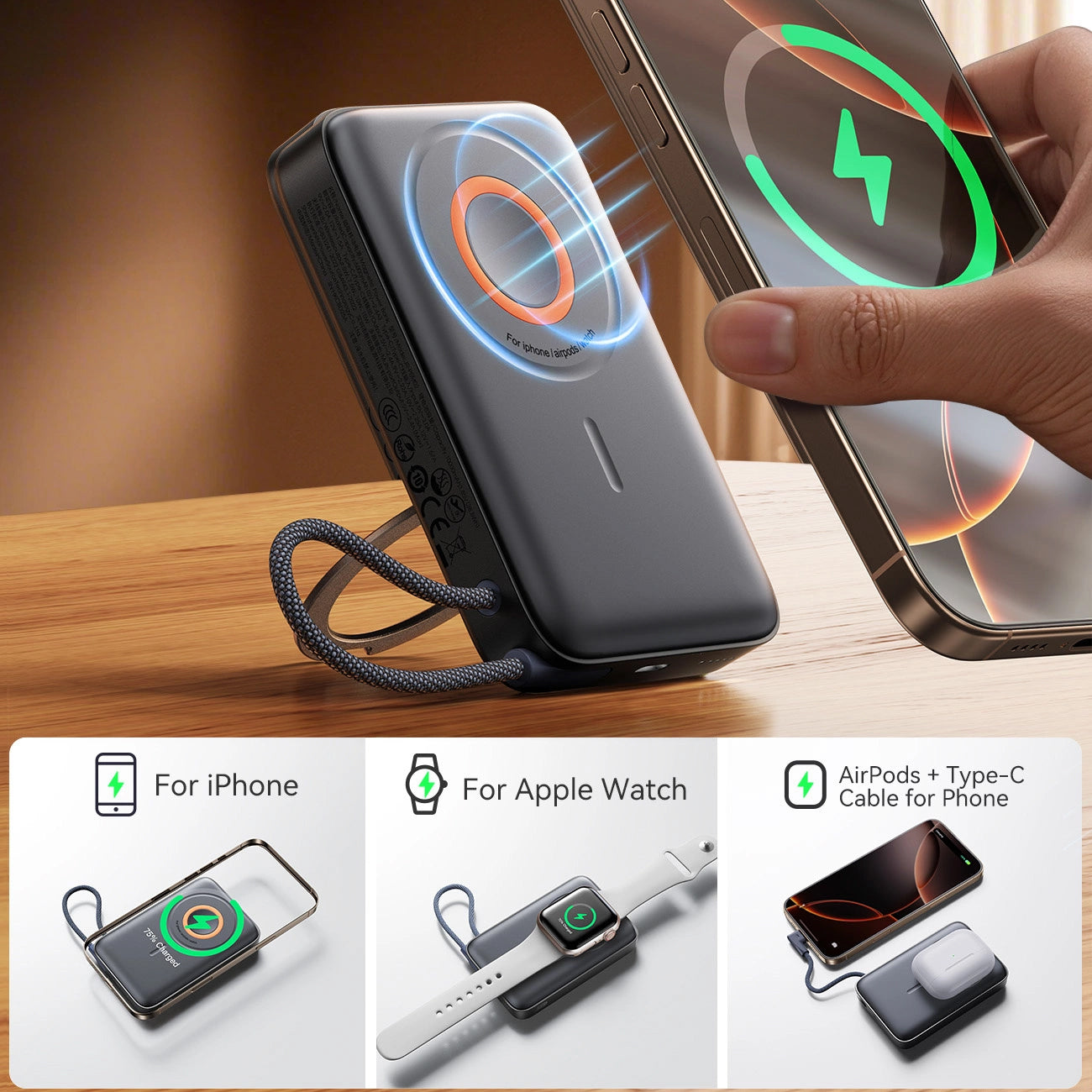 Batteria Esterna Wireless Joyroom JR-PBM02, 10000mAh, 22.5W, PD + FQI, 1 x QI - 2 x USB-C, Nera