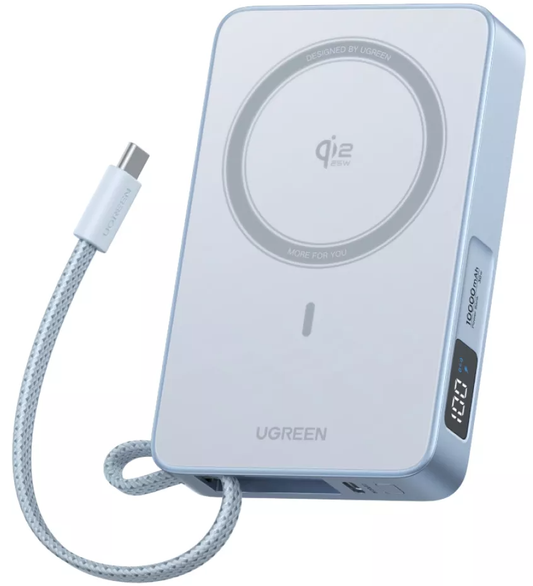 Batteria Esterna Wireless UGREEN MagFlow PB773, 10000mAh, 25W, PD + FQI, 1 x QI - 2 x USB-C, Blu